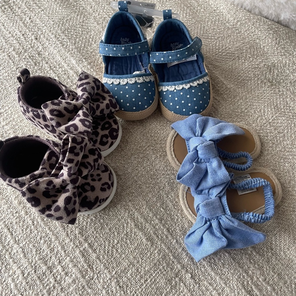 Adorable Baby Girl Shoe Bundle - Leopard Print, Blue Polka Dot, Big Blue Bow